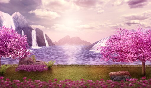 Mountains waterfalls trees