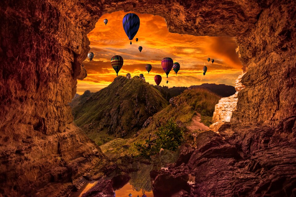Mountains sunset hot air balloons