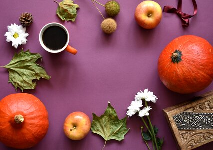 Pumpkins apples coffee photo