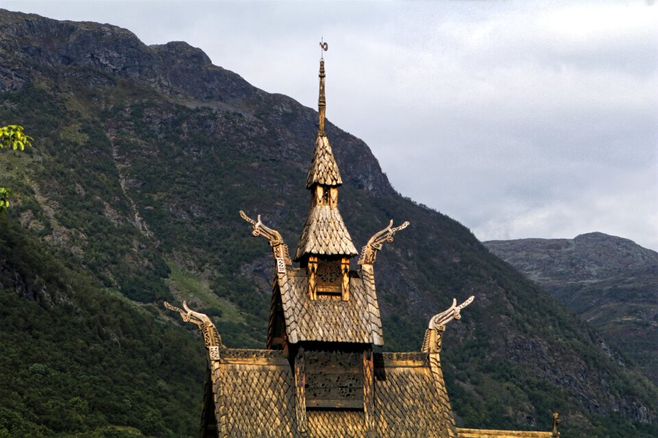 Stave church mountains panorama