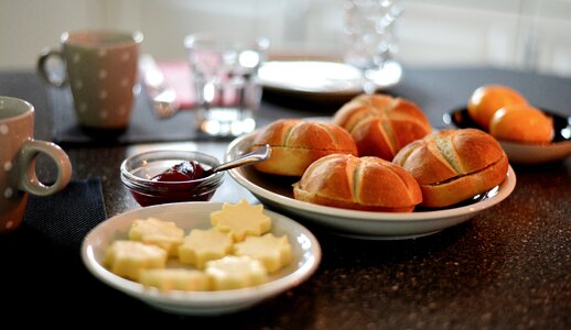 Breakfast table covered eat photo