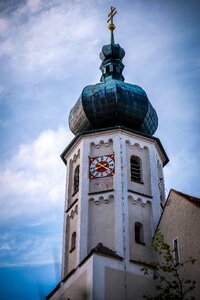 Onion dome catholic clock tower photo