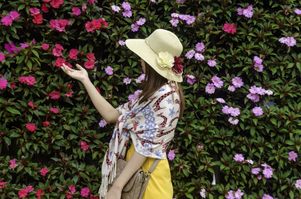 Girl green background wall flower