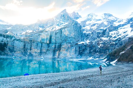 Morning lake oeschinen tent photo