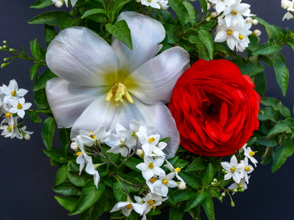 White blossom floral arrangement leaves