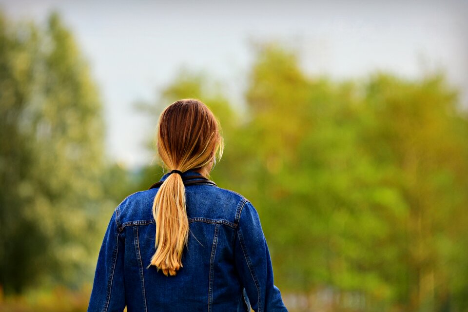 Ponytail denim jacket walking