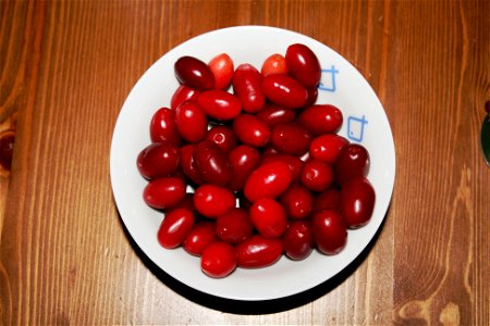 Fruits of European Cornel (Cornus mas), bought in Graz, Austria