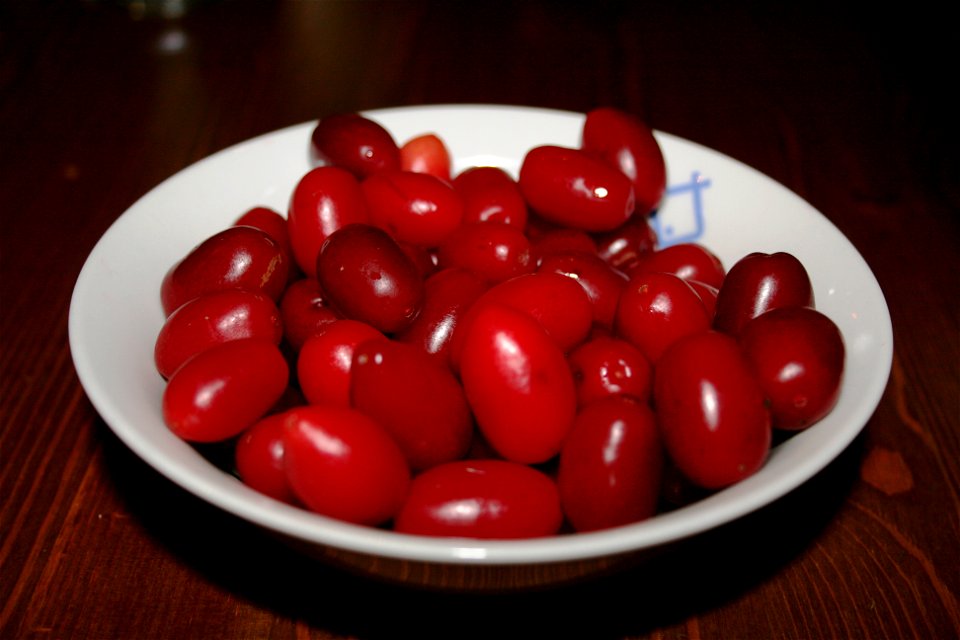 Fruits of European Cornel (Cornus mas), bought in Graz, Austria