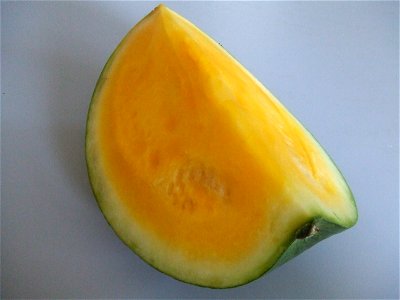 Watermelon (Citrullus lanatus) with yellow flesh, bought at the Binnenrotte market in Rotterdam, The Netherlands photo