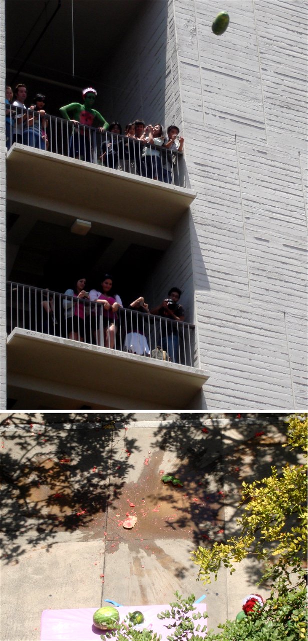 This is a derivative combination image made from two Commons images: Image:Watermelon Drop, UCSD.jpg and Image:Watermelon drop, splatter, UCSD.jpg. Combination work by User:Binksternet