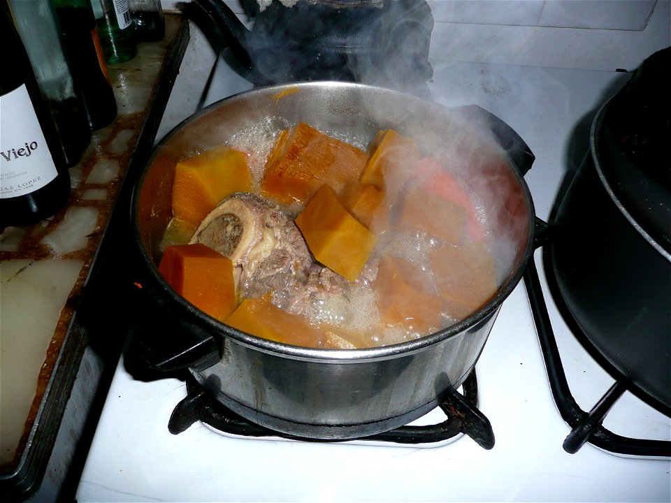 Cucurbita maxima Zapallo Plomo semillería Costanzi - 2014 04 02 - squash M semi-early harvest.
Making Puchero: In this photograph, zapallo cubed and boiling in water with: meat, an onion, a slice of r