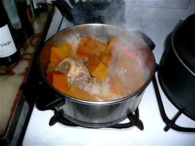 Cucurbita maxima Zapallo Plomo semillería Costanzi - 2014 04 02 - squash M semi-early harvest.
Making Puchero: In this photograph, zapallo cubed and boiling in water with: meat, an onion, a slice of r