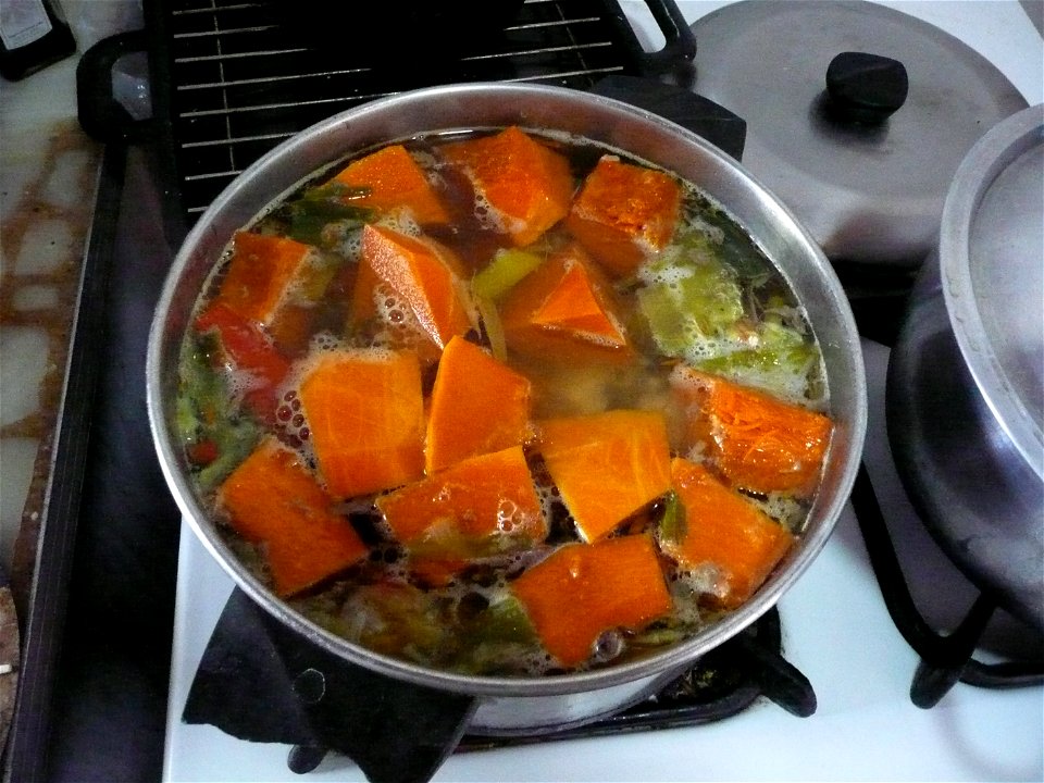 Cucurbita maxima commercial seed name "Zapallo Plomo" semillería Costanzi - 2014 08 01 - squash A (harvested 2014 03 31).
Soup: adding cubes.

Fortín Olavarría, partido de Rivadavia, provincia de Buen
