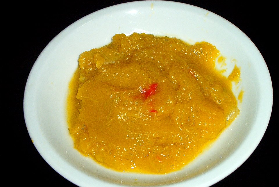 Cucurbita maxima commercial seed name "Zapallo Redondo Gris Plomo" - Puré de zapallo sin colar. 
Notice the attractive color and consistency after cooking.

Preparation: Boiling in water 1 kg. of zapa