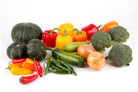 Vegetables: kabocha, bell peppers, aehobak, chili peppers, onions, broccoli photo