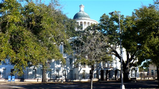 Barton Academy in Mobile, Alabama. Partially obscured by live oaks (Quercus virginiana). photo