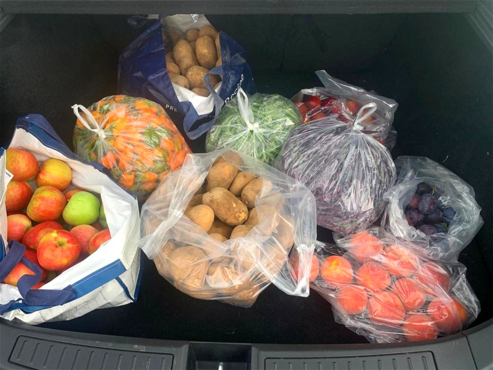 Bags of freshly picked produce from a local orchard.