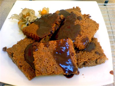 A picture of some milk chocolate brownies that I made accompanied by some dark chocolate sauce and cape gooseberries.