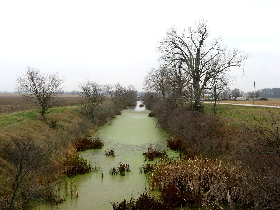 Southward along the Miami and Erie Canal from the Deep Cut Road bridge in Salem Township, Auglaize County, Ohio, United States.  Deep Cut Road is officially the southern boundary of the Miami and Erie