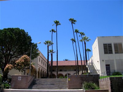 Entrance to the Senior Patio with Mexican fan palms (Washingtonia robusta), the central courtyard of the Main Building at Torrance High School.
The school is located at 2200 West Carson Street in Torr