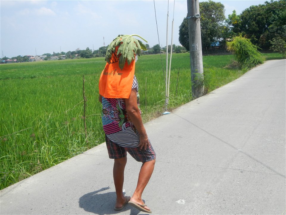 Smoking women with carica papaya leaves hat