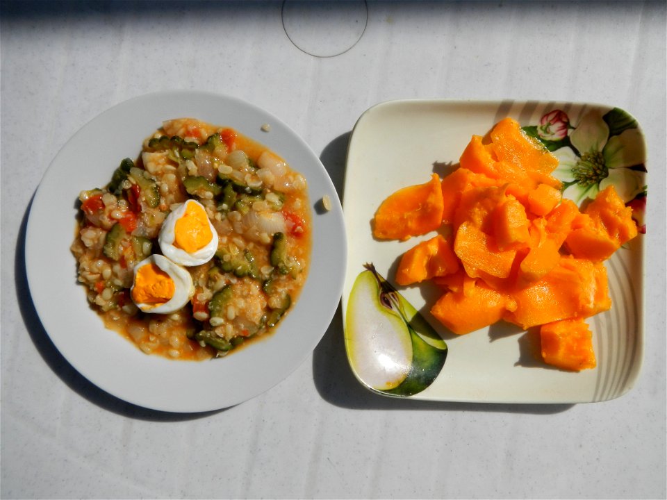 Mince corn with tomatoes and bitter gourd or ampalaya and papaya.