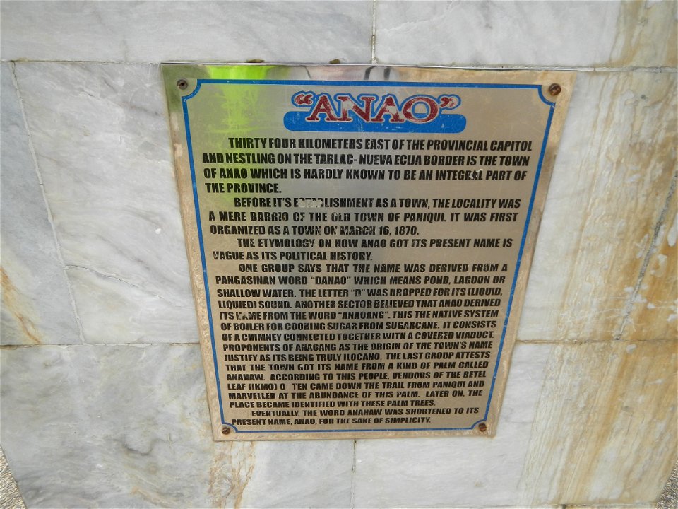 Anao, Tarlac Town Marker and Municipal Plaza, (in Barangay Poblacion, Anao, Tarlac, Tarlac Province, Cananga odorata ylang-ylang is Tagalog word ilang, meaning "wilderness", Capital of the Philippines
