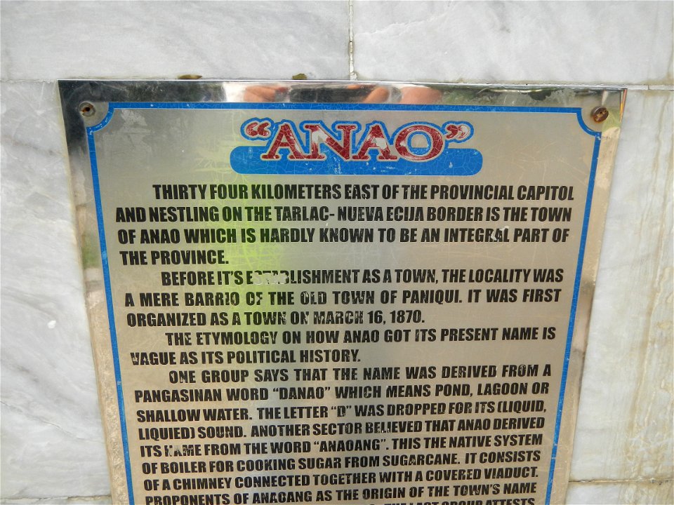Anao, Tarlac Town Marker and Municipal Plaza, (in Barangay Poblacion, Anao, Tarlac, Tarlac Province, Cananga odorata ylang-ylang is Tagalog word ilang, meaning "wilderness", Capital of the Philippines