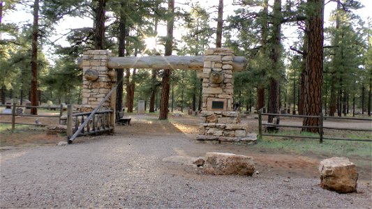 Shrine of the Ages, Grand Canyon, AZ, US. Pioneer Cemetery entrance.