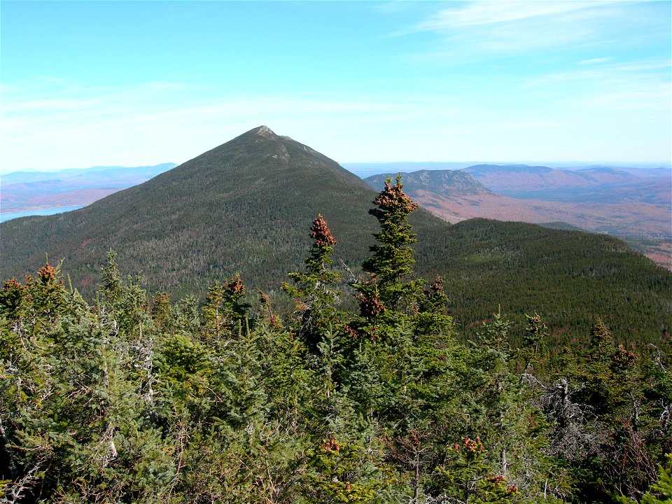 Mt. Bigelow, West Peak, Maine, with mixed Balsam Fir Abies balsamea - White Spruce Picea glauca forest in foreground.