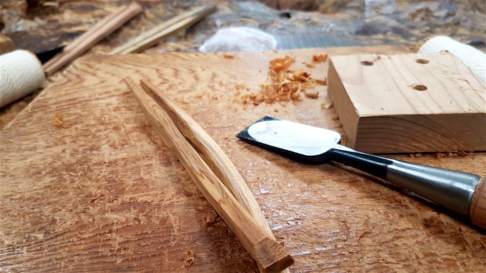 Tools used to make chopsticks by hand - the material in this case is yakushima cedar (cryptomeria japonica)