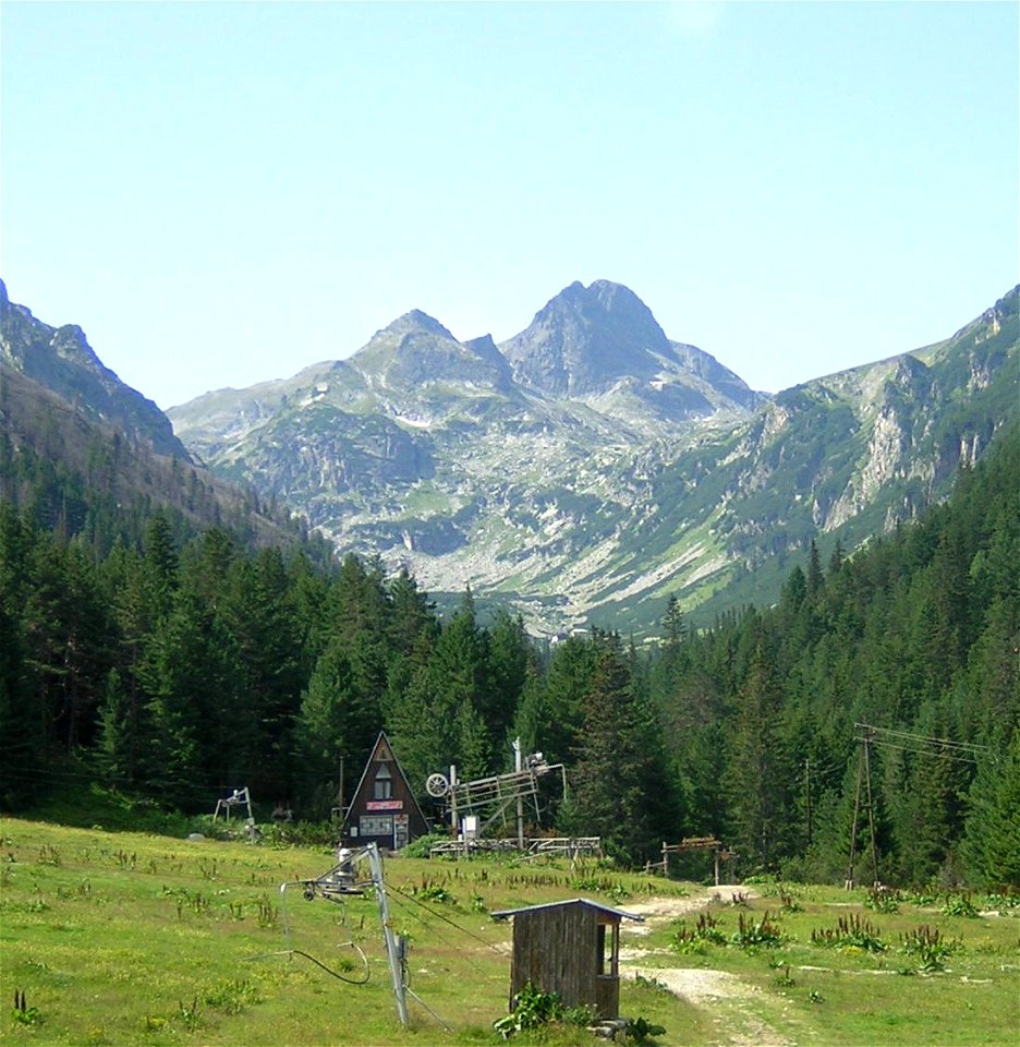 Malyovitsa peak, Rila Mountains, Bulgaria, from the north. Trees are mixed Pinus peuce and Picea abies.