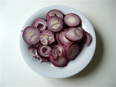 Rings of red onions on an dish. photo