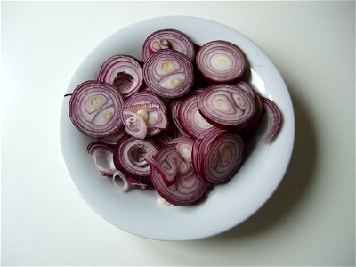 Rings of red onions on an dish.