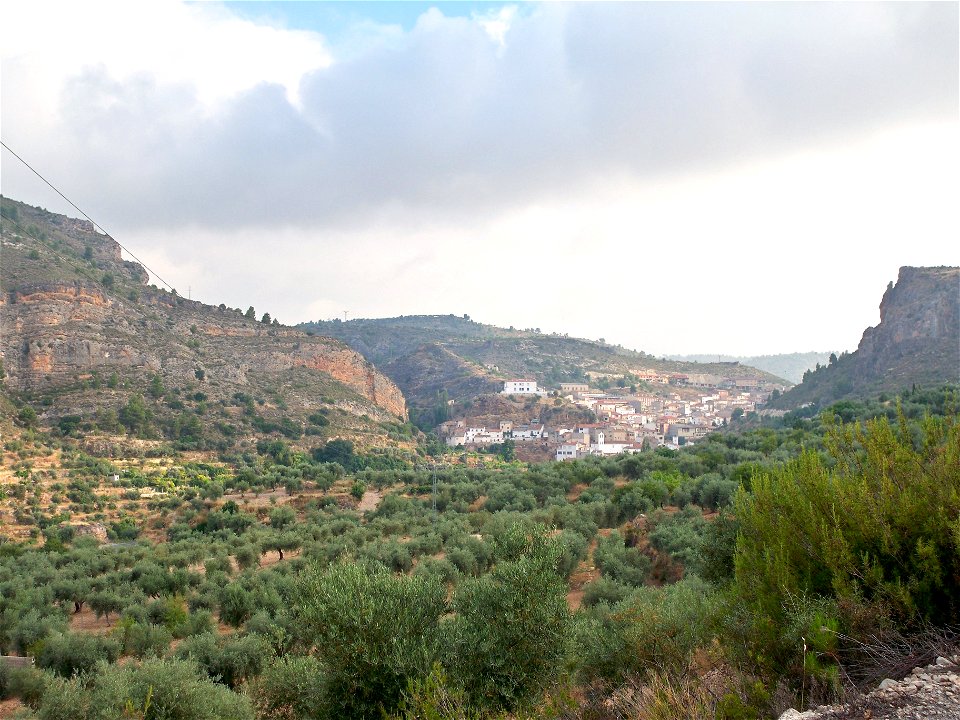 Vista de la localidad de Molinicos (Albacete) bañada en un mar de olivos.