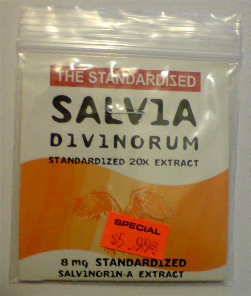Photograph of a commercially available packet of en:Salvia divinorum.