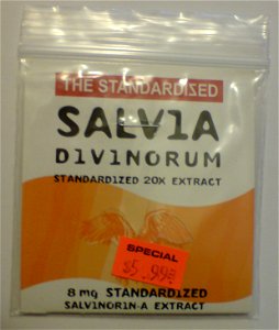 Photograph of a commercially available packet of en:Salvia divinorum.