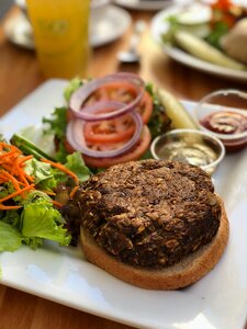 Healthy food plate brown burger photo