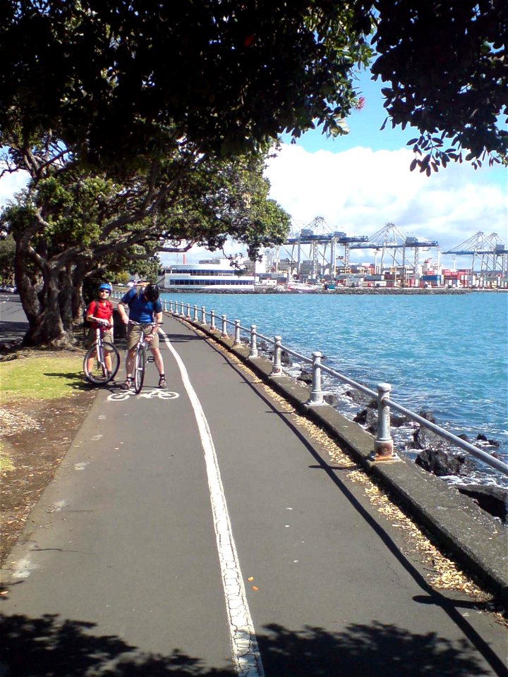 Looking west on the Tamaki Drive cycleway in Auckland, New Zealand.