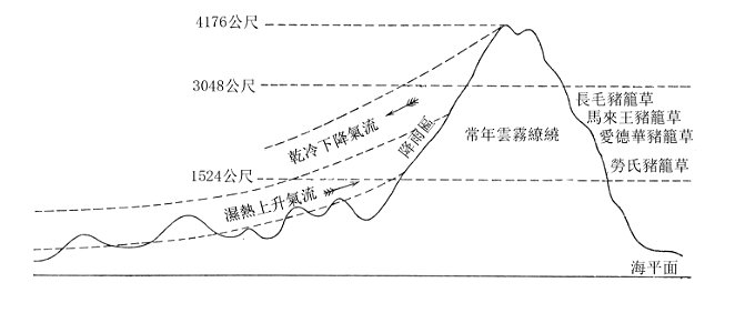 Illustration of hot and cold air currents on Mount Kinabalu in Traditional Chinese