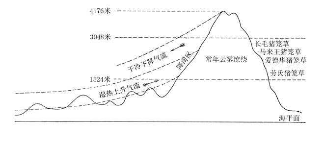 Illustration of hot and cold air currents on Mount Kinabalu in Simplified Chinese