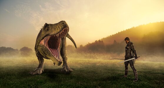 Fantasy sword fighters dinosaur photo
