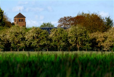 View of Bemmel (also known as 'Bemmely Hills'). Like many others towns in the Betuwe, the blossoms of the fruit orchards are a striking landscape feature of the region during springtime.