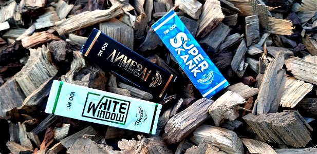Three flavors/products of CBD e-liquid from a french brand. Pic made in Barcelona, Spain.