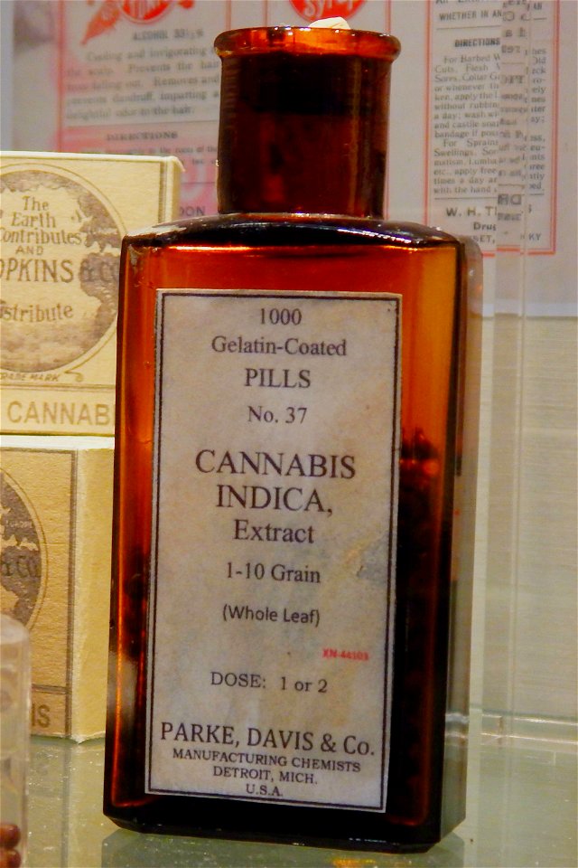 Old medicine bottle of gelatin-coated pills made from Cannabis indica extract.  Manufactured by Parke, Davis & Co.  From the Hash, Marihuana & Hemp Museum in Amsterdam.