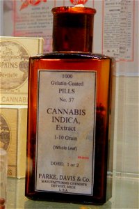 Old medicine bottle of gelatin-coated pills made from Cannabis indica extract.  Manufactured by Parke, Davis & Co.  From the Hash, Marihuana & Hemp Museum in Amsterdam.