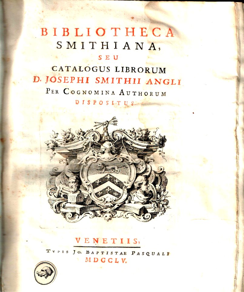 Page de garde du catalogue d'une bibliothèque du XVIII ème siècle.