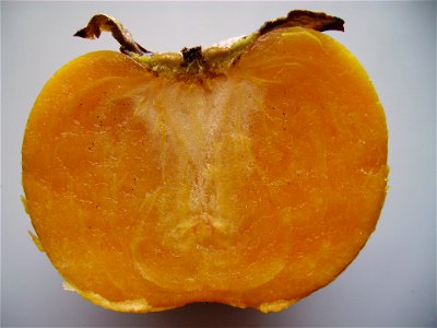 One half of a kaki persimmon or kaki fruit (Diospyros kaki) photo