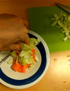A pedagogical image related to the "Procedure (detailed)" "Method" steps in Wikibooks Cookbook:Salmon with Rice and Sauce (Q86594655)
Step 19: cutting lettuce in 1 cm pieces and putting it in the soup