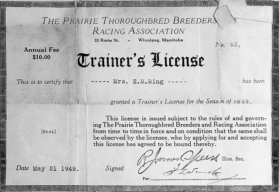 Scanned image of a 1949 Trainer's License issued by The Prairie Thoroughbred Breeder's Racing Association, Winnepeg, Manitoba to Mrs. Eva Mae Ring.